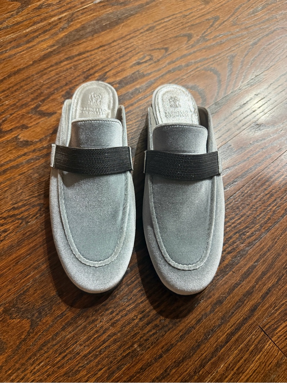 Brunello Cucinelli grey velvet monili mules. Size: EU38.5/US8.5. Great condition